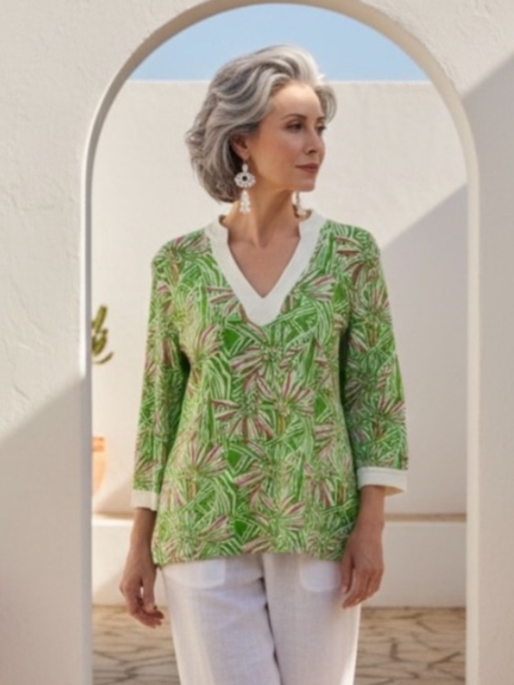 LILLY PULITZER Renato Tunic Top Blouse Green Pink V Neck Cotton Spandex